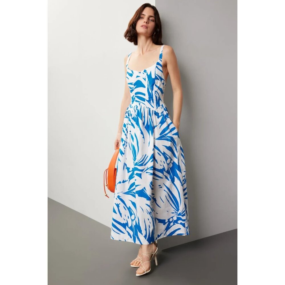 S/W/F Blue White Abstract 100% Cotton Botanical Print Wave Waist Midi Dress S
